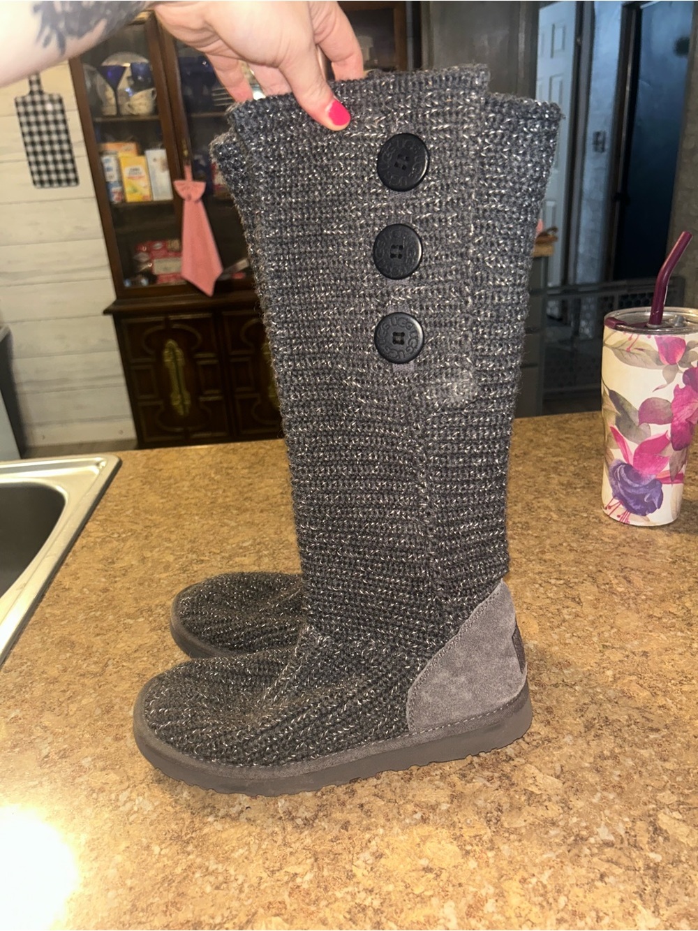 UGG Knee-High Knit Button Snow Boots - Charcoal Gray